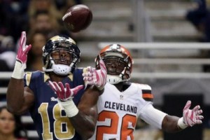 St. Louis Rams wide receiver Kenny Britt catches a 41-yard pass over Browns cornerback Pierre Desir to set up Gurley's first touchdown. (AP Photo/Tom Gannam)