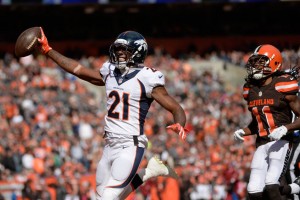 Cornerback Aqib Talib returns an interception 63 yards for a second quarter touchdown to put the Broncos up 10-0.